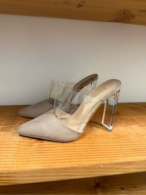 Clear Strap Taupe Pointed-Toe Mules